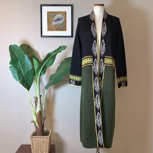 Long Cardigan in Black & Olive with Contrast Trim